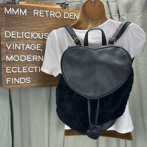 Black Faux Fur Mini Heart Backpack With Faux Leather Heart Flap and Pulls